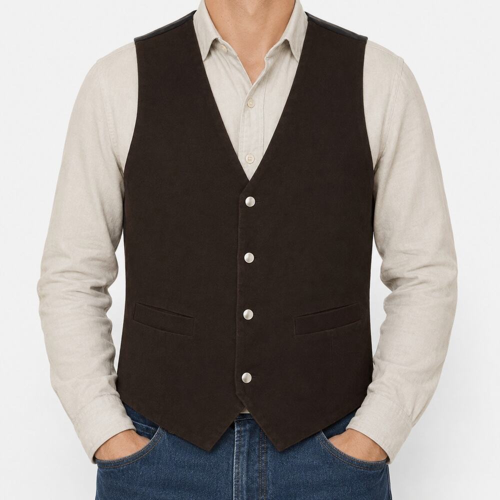 Vintage Western Frontier Vest Waistcoat Mens Large Brown Black Leather Button